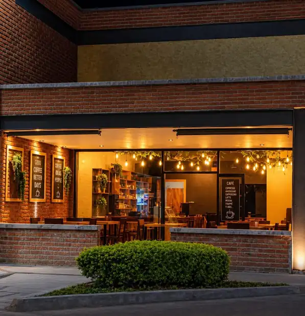 Local 10 de Asís Punto Comercial de noche, con su terraza al frente